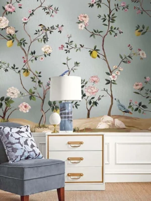 Pastel blue floral bird mural wallpaper with blooming branches, lemons, and elegant birds, luxury botanical wall design for classic bedroom or living space.