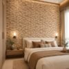 Casamance FILANDRA 7698 25 48 geometric textured wallpaper in warm beige and brown tones installed on a modern living room feature wall with premium designer interior décor.