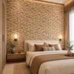 Casamance FILANDRA 7698 25 48 geometric textured wallpaper in warm beige and brown tones installed on a modern living room feature wall with premium designer interior décor.