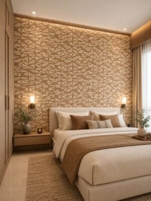Casamance FILANDRA 7698 25 48 geometric textured wallpaper in warm beige and brown tones installed on a modern living room feature wall with premium designer interior décor.