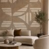 Casamance FILANDRA 7698 25 48 geometric textured wallpaper in warm beige and brown tones installed on a modern living room feature wall with premium designer interior décor.