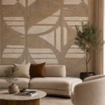 Casamance FILANDRA 7698 25 48 geometric textured wallpaper in warm beige and brown tones installed on a modern living room feature wall with premium designer interior décor.