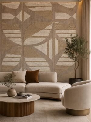 Casamance FILANDRA 7698 25 48 geometric textured wallpaper in warm beige and brown tones installed on a modern living room feature wall with premium designer interior décor.
