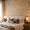 Casamance FILANDRA 7698 25 48 geometric textured wallpaper in warm beige and brown tones installed on a modern living room feature wall with premium designer interior décor.