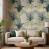 Premium botanical wallpaper with abstract green leaf and tree pattern in sage green, olive, and grey tones, perfect for living room, bedroom, office, and luxury interior walls.