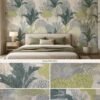 Premium botanical wallpaper with abstract green leaf and tree pattern in sage green, olive, and grey tones, perfect for living room, bedroom, office, and luxury interior walls.