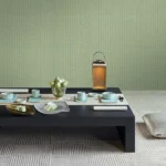 Luxury sage green vertical textured wallpaper with subtle linear fabric effect, Armani Casa inspired modern designer wallcovering for living room and bedroom interiors.