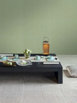 Luxury sage green vertical textured wallpaper with subtle linear fabric effect, Armani Casa inspired modern designer wallcovering for living room and bedroom interiors.