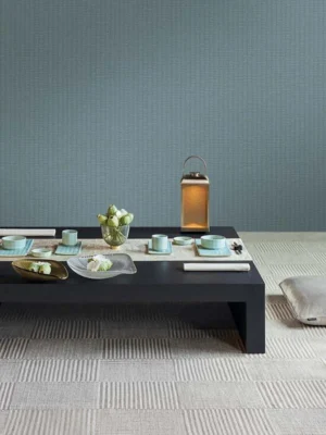Luxury deep teal blue vertical textured wallpaper with linear woven fabric effect, Armani Casa inspired modern designer wallcovering for living room, bedroom and office interiors.