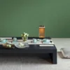 Luxury sage green vertical textured wallpaper with subtle linear fabric effect, Armani Casa inspired modern designer wallcovering for living room and bedroom interiors.