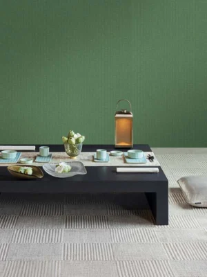 Luxury sage green vertical textured wallpaper with subtle linear fabric effect, Armani Casa inspired modern designer wallcovering for living room and bedroom interiors.